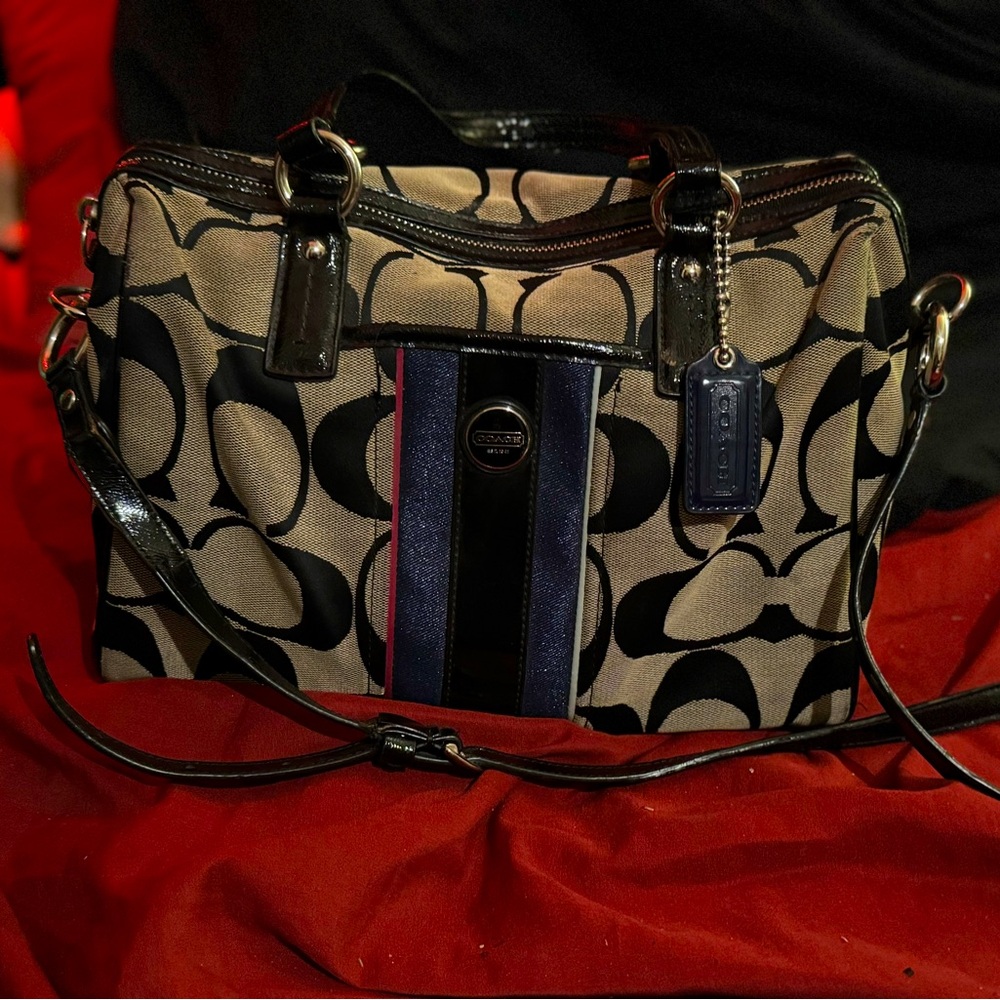 COACH Khaki Signature Stripe Satchel Aubergine/Gold 2-Way